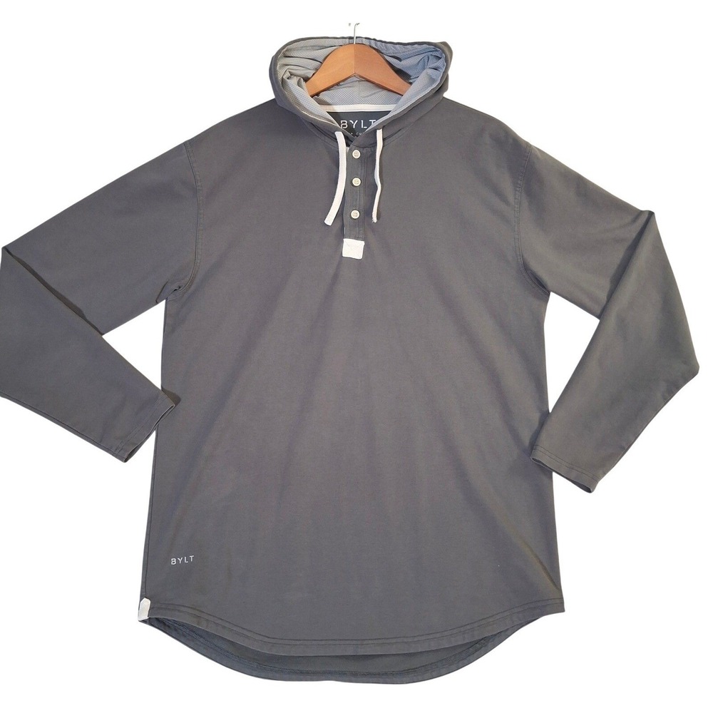 BYLT Drop Cut LS Hooded Henley Lux Charcoal Grey Mens Large Curved Hem Hoodie
